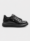 Apollo Moda Men's Aether Onyx patent black crocodile-textured sneaker with side zipper, main product photo
