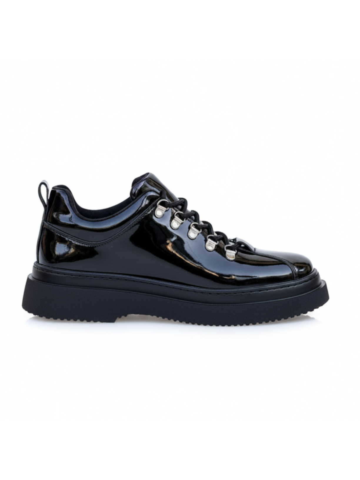 Atlas Eclipse patent black sneaker with rugged hiking eyelets by Apollo Moda, third angle