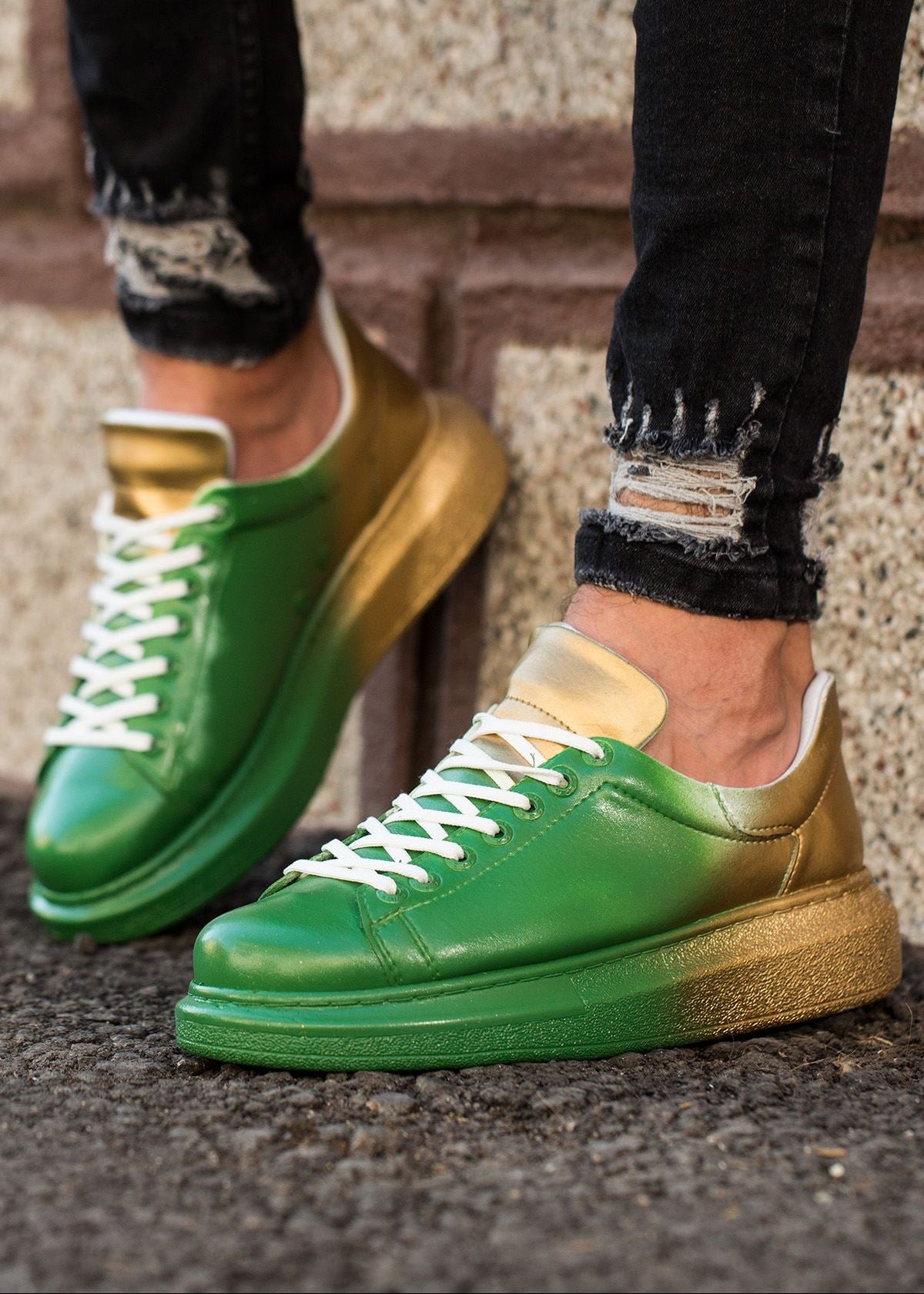Men's Color Wave Twilight Fusion by Apollo Moda, hand-painted green and gold gradient sneaker, second angle