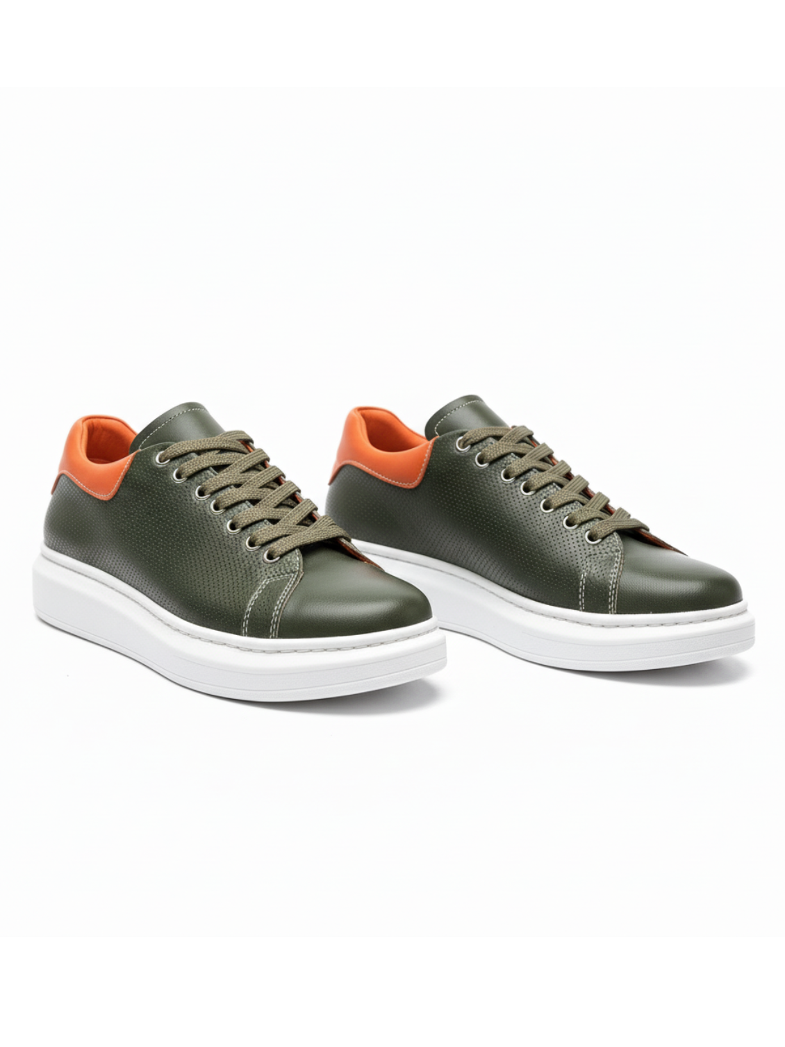 Men's Pluto Olive by Apollo Moda, olive green leather low-top sneaker with orange accents, third angle